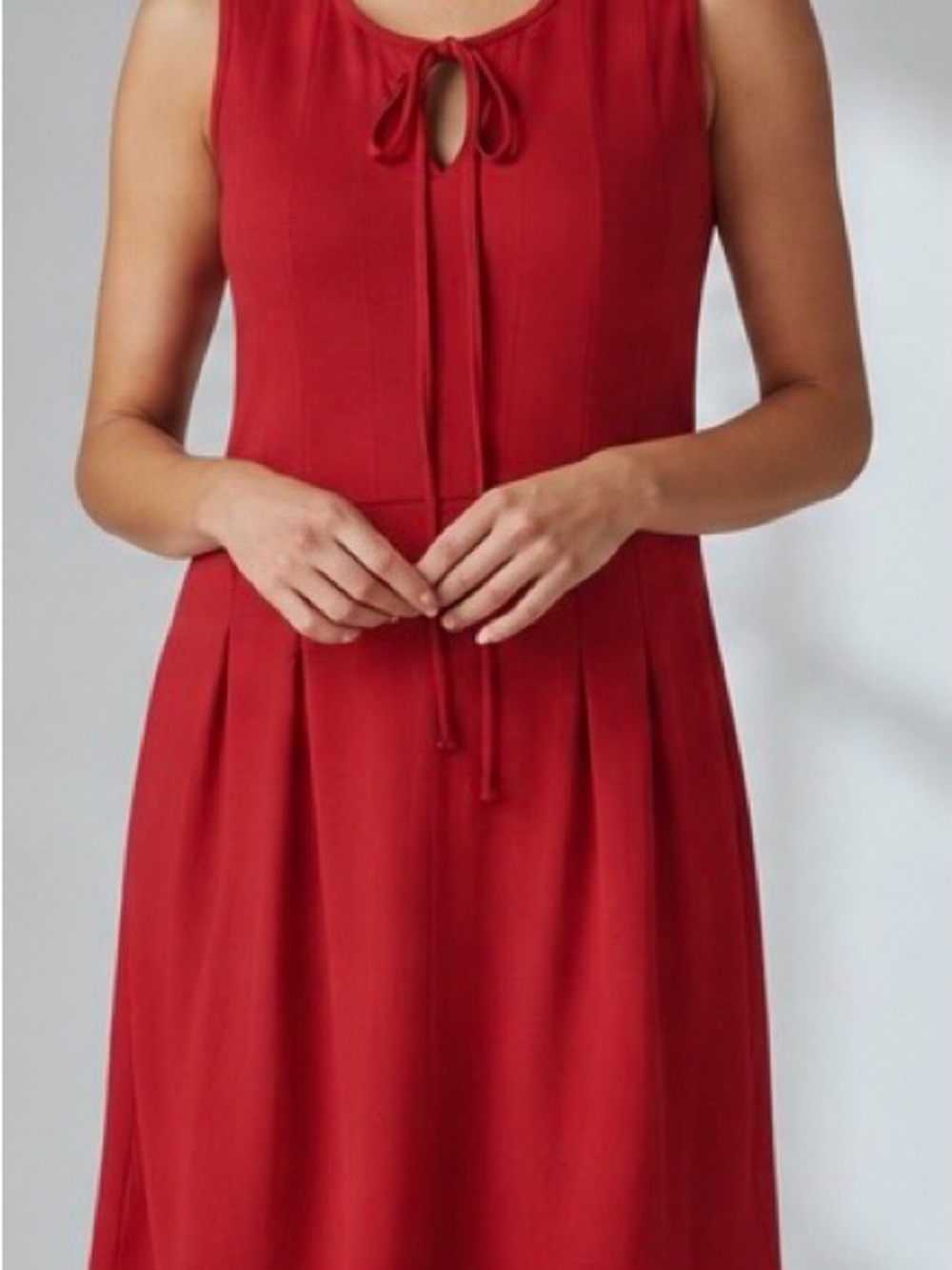 LOFT Red Tie-Neck Pleated A-Line Dress